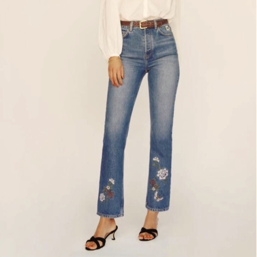 Reformation Cynthia High Rise Straight Jeans in Fauna Embroidery Size 31